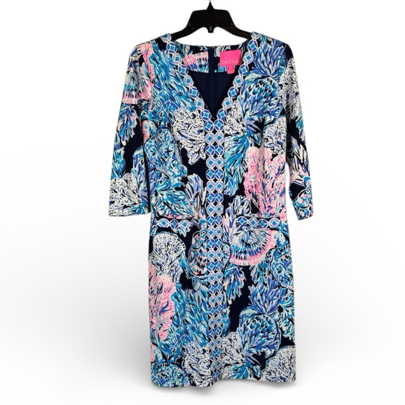 Lilly Pulitzer Blue Pink Floral 3/4 Sleeve Mini Dress Womens M Tropical Vacation
